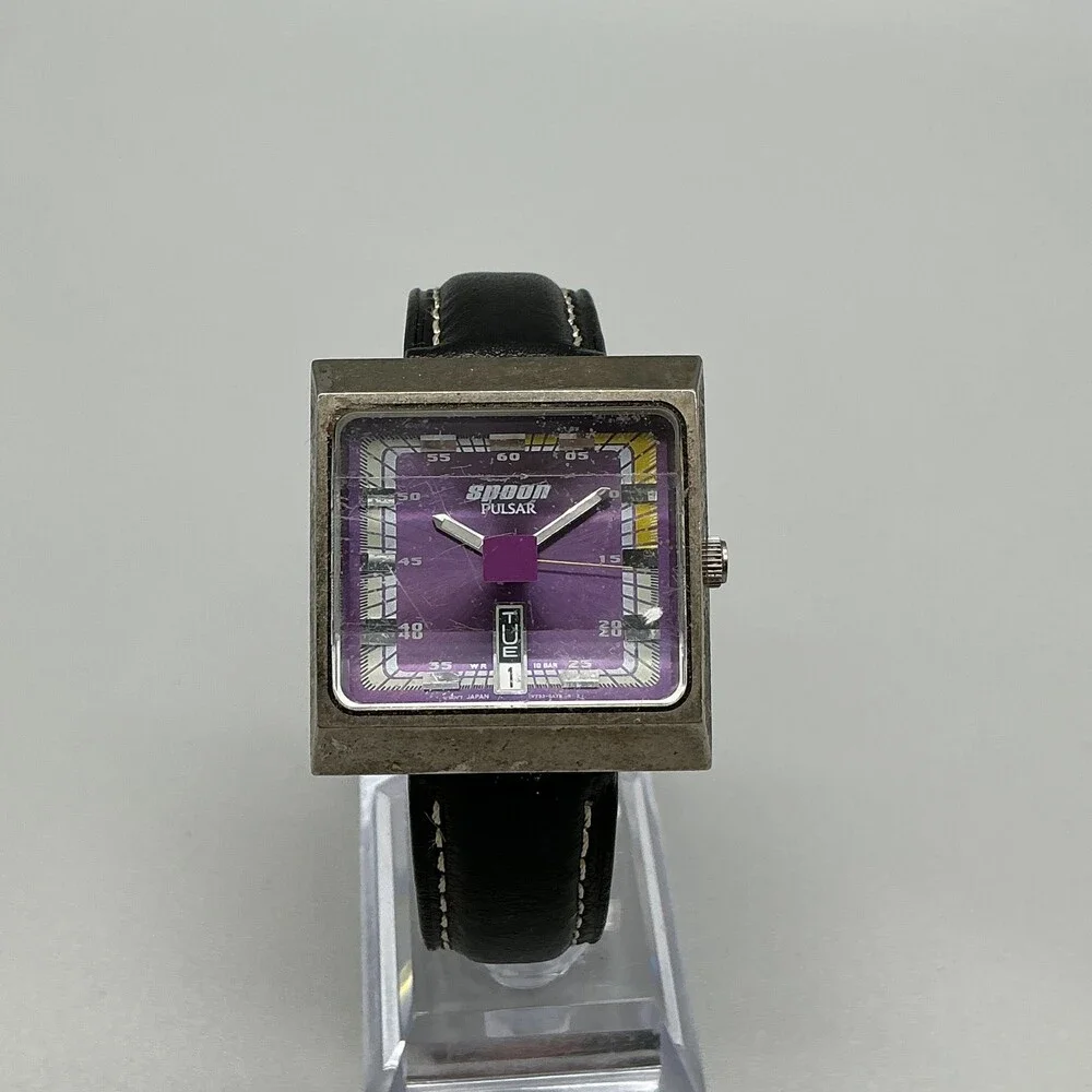 Pulsar Spoon V733-5A70 Mens Watch 34mm Purple Dial Black Leather New Battery